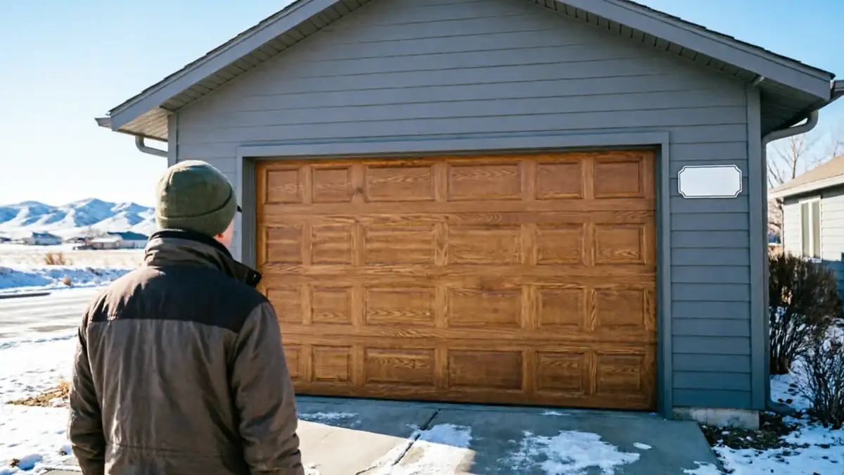 A person stands facing a brown wooden garage door on a snowy day.