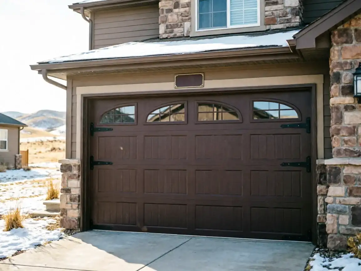 A brown garage door with decorative windows and hardware on a house.