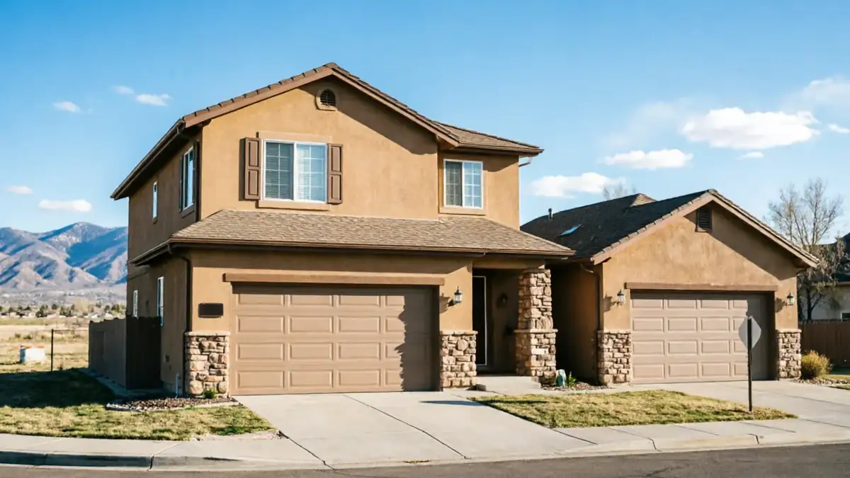 A two-story house with two brown garage doors and stone accents.