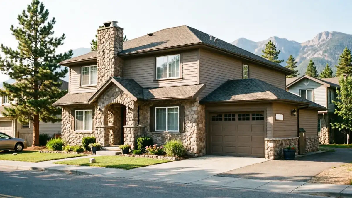 A brown house with stone accents and a brown garage door.