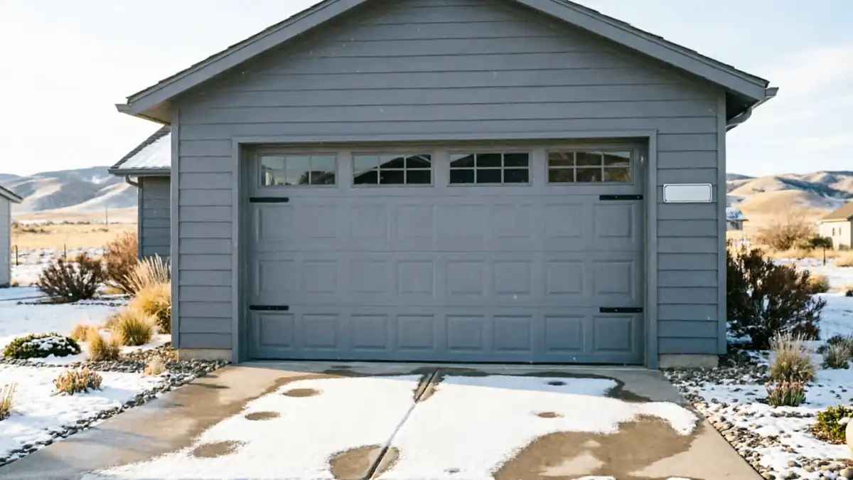A gray garage door with windows is on a gray house with snow on the ground.