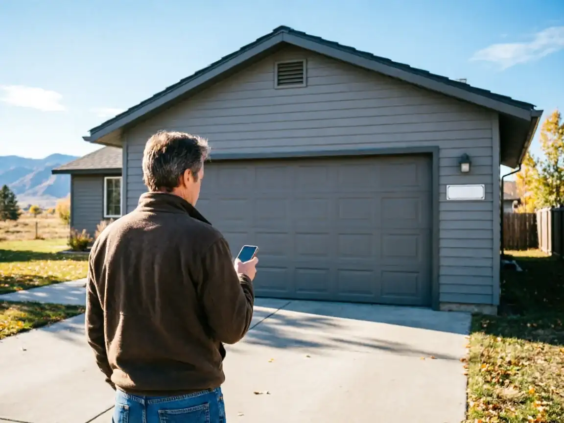 A man stands in a driveway holding a phone, facing a gray garage door.