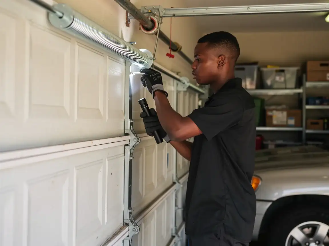 A technician shines a flashlight on a garage door torsion spring.