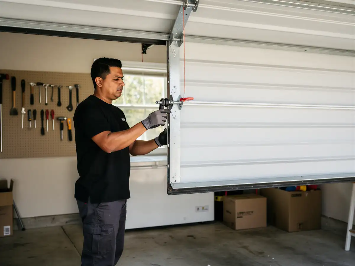 A technician wearing gloves adjusts a white garage door inside a garage.