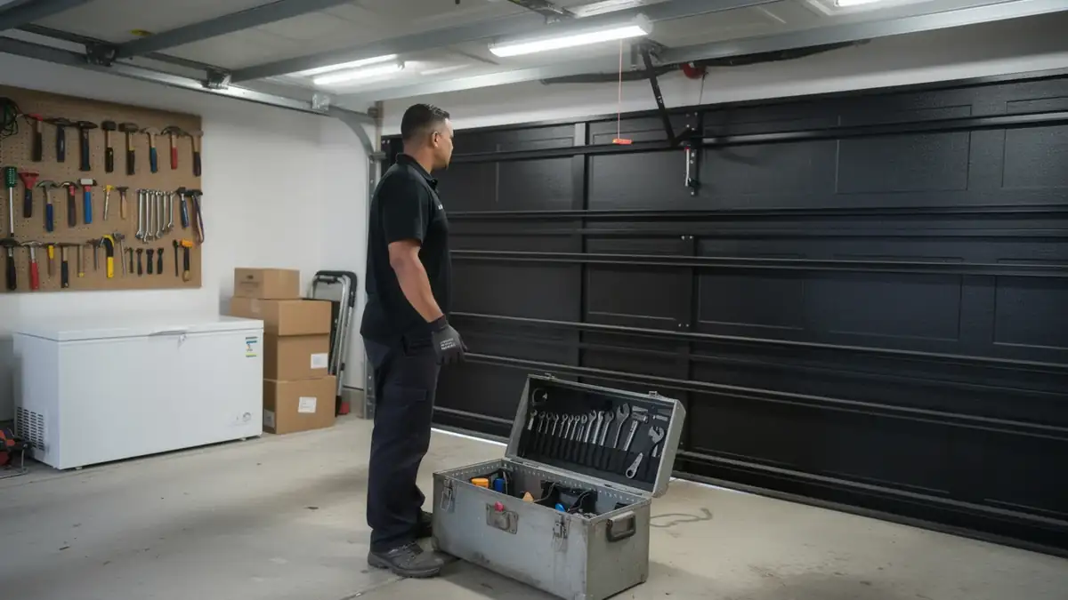 A technician stands in a garage with an open toolbox and a black garage door.