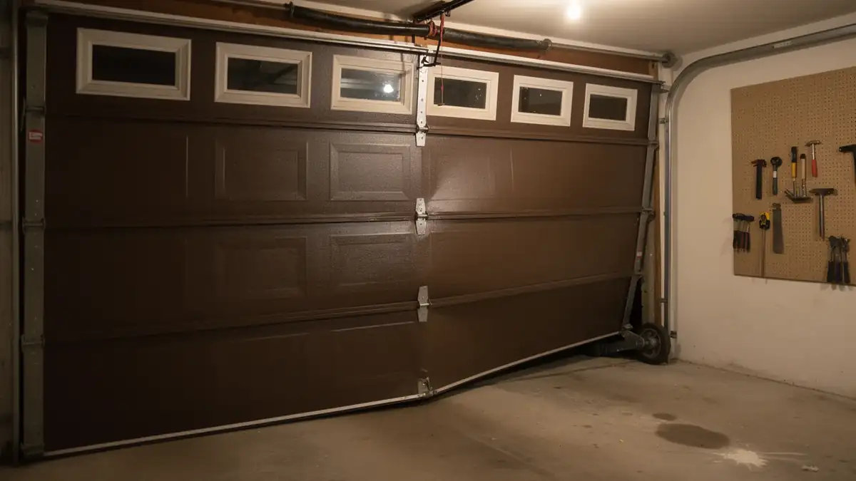 A brown garage door is off its tracks and bent at the bottom.